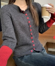 配色リブハート刺繍ニットカーディガン 長袖 【オフィスカジュアル】【きれいめカジュアル】 レディース韓国風 春服 秋服 冬服
