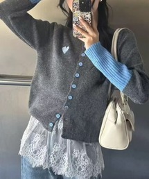配色リブハート刺繍ニットカーディガン 長袖 【オフィスカジュアル】【きれいめカジュアル】 レディース韓国風 春服 秋服 冬服
