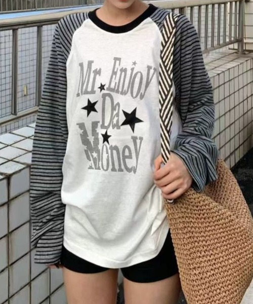 SHERU(シェル)の「星柄 ボーダー スリーブ ラグランTシャツ ロンT(Tシャツ/カットソー・レディース・ブラック/グレー・M)」の6枚目の写真
