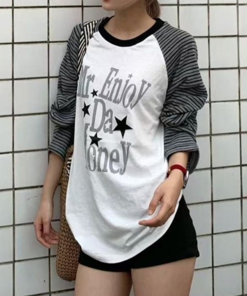 SHERU(シェル)の「星柄 ボーダー スリーブ ラグランTシャツ ロンT(Tシャツ/カットソー・レディース・ブラック/グレー・M)」の7枚目の写真