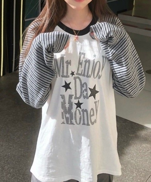 SHERU(シェル)の「星柄 ボーダー スリーブ ラグランTシャツ ロンT(Tシャツ/カットソー・レディース・ブラック/グレー・M)」の9枚目の写真