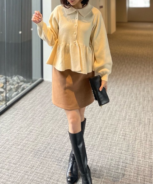 Human 2nd Occasion(ヒューマンセカンドオケージョン)の「衿付ペプラム総針ニットプルオーバー(ニット/セーター・レディース・ブラック/ナチュラル・FREE)」の8枚目の写真