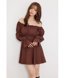 オフショルチェックミニワンピース 秋服 冬服