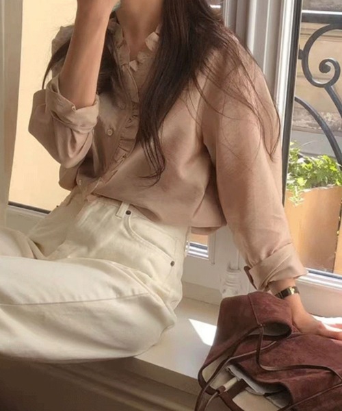 FLINEA（フリネア）の「Vネックフリル長袖ブラウス（シャツ/ブラウス・レディース・ベージュ/ホワイト/ブラック・FREE）」の10枚目の写真
