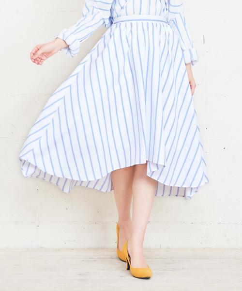 KOBE LETTUCE（コウベレタス）の「ふんわりフレアで女性らしく！ウエストゴム★イレギュラーヘム膝丈スカート/ミモレ丈/神戸レタス[M1636]（スカート・レディース・ブルー/レモンイエロー/ラベンダー/コーラル/レッド/カーキ/アイボリー/ブラック/ホワイト系その他/ブルー系その他/ダークパープル/モカ/ネイビー・FREE）」の3枚目の写真