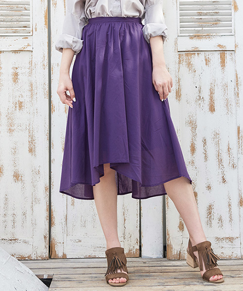 KOBE LETTUCE（コウベレタス）の「ふんわりフレアで女性らしく！ウエストゴム★イレギュラーヘム膝丈スカート/ミモレ丈/神戸レタス[M1636]（スカート・レディース・ブルー/レモンイエロー/ラベンダー/コーラル/レッド/カーキ/アイボリー/ブラック/ホワイト系その他/ブルー系その他/ダークパープル/モカ/ネイビー・FREE）」の9枚目の写真