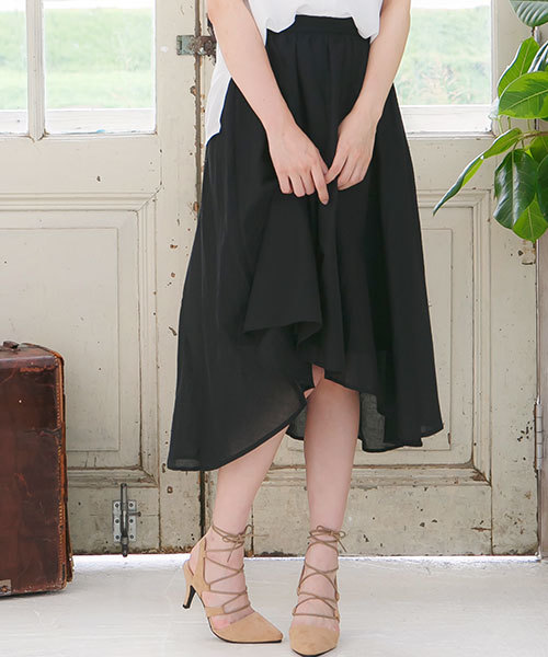 KOBE LETTUCE（コウベレタス）の「ふんわりフレアで女性らしく！ウエストゴム★イレギュラーヘム膝丈スカート/ミモレ丈/神戸レタス[M1636]（スカート・レディース・ブルー/レモンイエロー/ラベンダー/コーラル/レッド/カーキ/アイボリー/ブラック/ホワイト系その他/ブルー系その他/ダークパープル/モカ/ネイビー・FREE）」の4枚目の写真