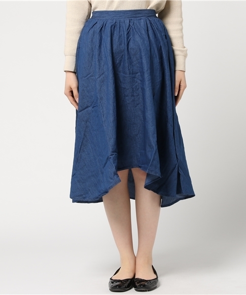 KOBE LETTUCE（コウベレタス）の「ふんわりフレアで女性らしく！ウエストゴム★イレギュラーヘム膝丈スカート/ミモレ丈/神戸レタス[M1636]（スカート・レディース・ブルー/レモンイエロー/ラベンダー/コーラル/レッド/カーキ/アイボリー/ブラック/ホワイト系その他/ブルー系その他/ダークパープル/モカ/ネイビー・FREE）」の14枚目の写真