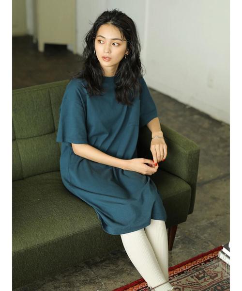 CRAFT STANDARD BOUTIQUE(クラフトスタンダードブティック)の「OE天竺クルーネック半袖カットワンピース●(ワンピース・レディース・チャコールグレー/ブルー/グリーン/ホワイト系その他/マスタード・M/L)」の4枚目の写真