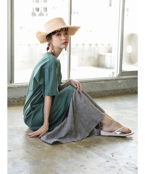 CRAFT STANDARD BOUTIQUE(クラフトスタンダードブティック)の「OE天竺クルーネック半袖カットワンピース●(ワンピース・レディース・チャコールグレー/ブルー/グリーン/ホワイト系その他/マスタード・M/L)」の3枚目の写真