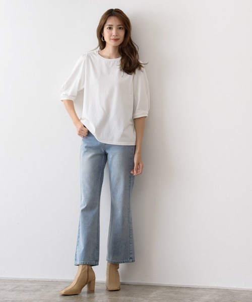 Pierrot(ピエロ)の「シルケットコットンボリュームスリーブトップス(Tシャツ/カットソー・レディース・ブラック/オフホワイト/グレイッシュベージュ/ライトベージュ・M/L)」の7枚目の写真