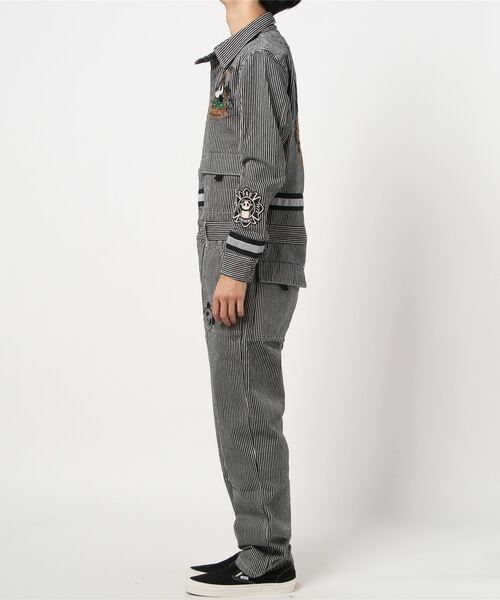 pandiesta つなぎ PANDIESTA JAPAN 刺繍 つなぎ L 黒 白 骨 笹の葉