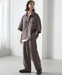 【セットアップ】TRストレッチ オーバーサイズ ビックポケット ジップシャツ(1/2 sleeve) & タックワイドパンツ