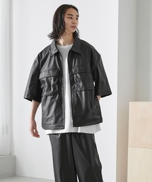 MONO-MART | 【セットアップ】TRストレッチ オーバーサイズ ビックポケット ジップシャツ(1/2 sleeve) ＆ タックワイドパンツ(セットアップ)