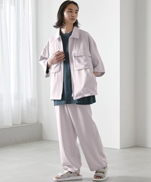 【セットアップ】TRストレッチ オーバーサイズ ビックポケット ジップシャツ(1/2 sleeve) & タックワイドパンツ