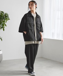 【セットアップ】TRストレッチ オーバーサイズ ビックポケット ジップシャツ(1/2 sleeve) & タックワイドパンツ