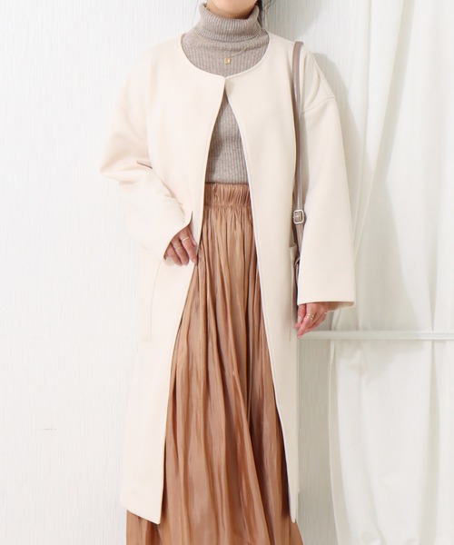 libelle more(リベル モア)の「ダンボールカルゼ トッパーコート(ノーカラーコート・レディース・ブラック/ベージュ/ネイビー/アイボリー/ライトカーキ・M/L)」の7枚目の写真