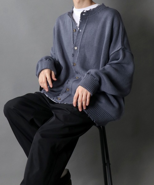 SITRY（シトリー）の「Big silhouette damage Knit Cardigan/ビッグシルエット クルーネック ダメージニット ルーズカーディガン/カーデ（カーディガン/ボレロ・メンズ・オフホワイト/チャコールグレー/モカ/グレイッシュブルー・M/L）」の4枚目の写真