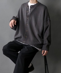 Big silhouette damage Knit Cardigan/ビッグシルエット クルーネック ダメージニット ルーズカーディガン/カーデ