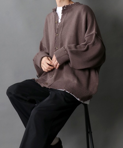 SITRY（シトリー）の「Big silhouette damage Knit Cardigan/ビッグシルエット クルーネック ダメージニット ルーズカーディガン/カーデ（カーディガン/ボレロ・メンズ・オフホワイト/チャコールグレー/モカ/グレイッシュブルー・M/L）」の3枚目の写真