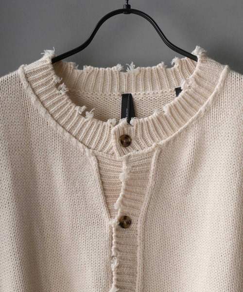 SITRY（シトリー）の「Big silhouette damage Knit Cardigan/ビッグシルエット クルーネック ダメージニット ルーズカーディガン/カーデ（カーディガン/ボレロ・メンズ・オフホワイト/チャコールグレー/モカ/グレイッシュブルー・M/L）」の5枚目の写真