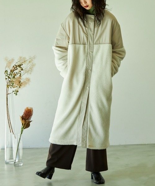 【未使用級】blancvert ボア切替 ロングコート ノーカラー ベージュ M 未使用級】blancvert ボア切替 ロングコート ノーカラー ベージュ M