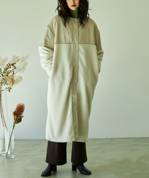 VACANCY(ヴァカンシー)の「ボア切替ノーカラーロングコート(ノーカラーコート・レディース・アイボリー/モカ/ブラック・FREE)」の7枚目の写真