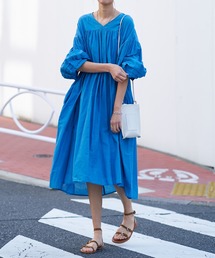 【Audrey and John Wad】インドコットンVネックギャザーロングワンピース -手洗い可-