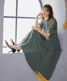 パフスリーブ レース袖プリーツドレス