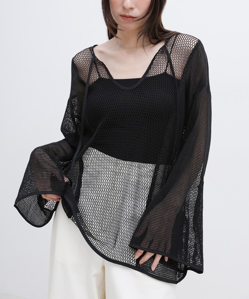 select MOCA by mi(セレクトモカバイミー)の「2WAYメッシュフレアスリーブトップス(Tシャツ/カットソー・レディース・ブラック/ナチュラル・FREE)」の1枚目の写真
