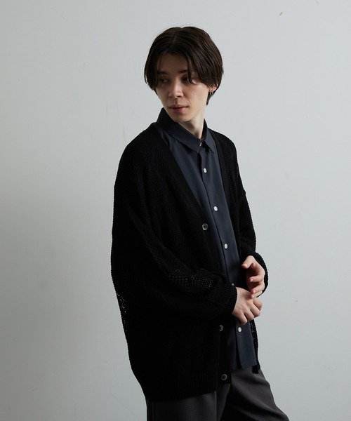 JUNRED(ジュンレッド)の「シアー透かし編みカーディガン(カーディガン/ボレロ・メンズ・グリーン/ブルー系その他4/ブラック・S/M/L)」の7枚目の写真