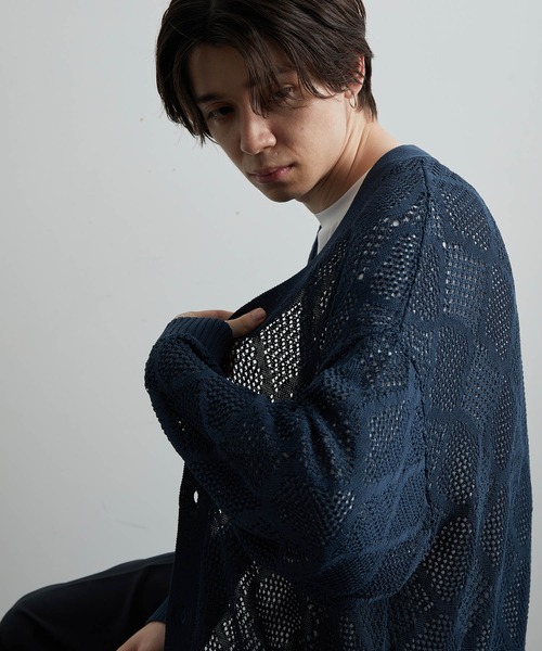 JUNRED(ジュンレッド)の「シアー透かし編みカーディガン(カーディガン/ボレロ・メンズ・グリーン/ブルー系その他4/ブラック・S/M/L)」の14枚目の写真