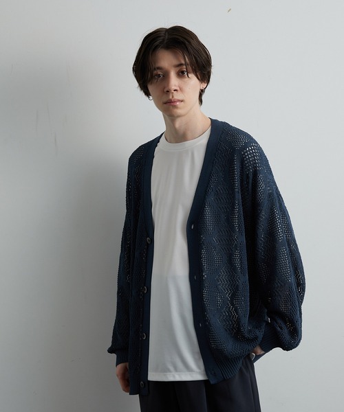 JUNRED(ジュンレッド)の「シアー透かし編みカーディガン(カーディガン/ボレロ・メンズ・グリーン/ブルー系その他4/ブラック・S/M/L)」の9枚目の写真