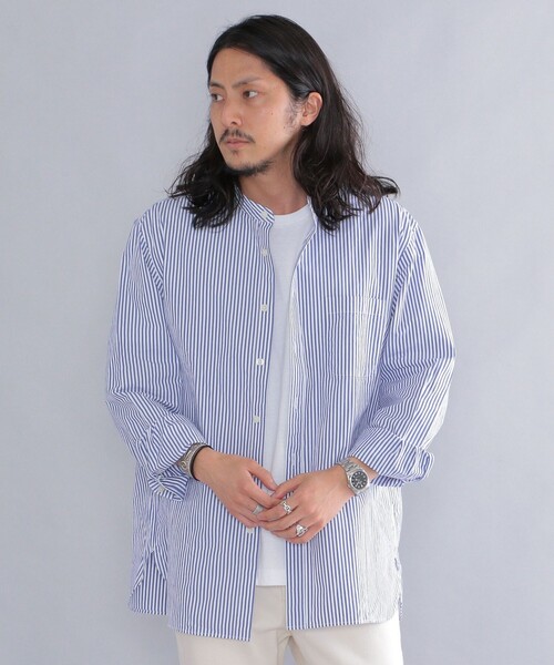 SHIPS（シップス）の「SHIPS: japan quality リラックスフィット ストライプ バンドカラーシャツ（シャツ/ブラウス・メンズ・ブラウン/グレー/ロイヤルブルー・SMALL/MEDIUM/LARGE/X-LARGE）」の8枚目の写真