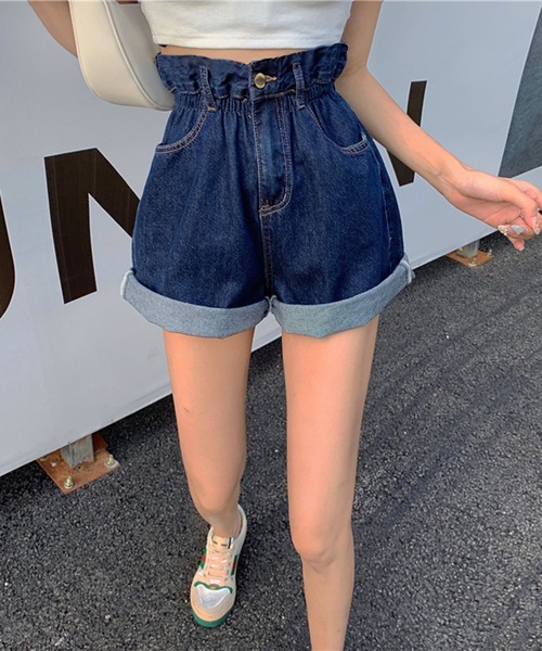 Jewelobe(ジュエローブ)の「フリルウエストデニムショートパンツ(デニムパンツ・レディース・ブルー・S/M)」の4枚目の写真