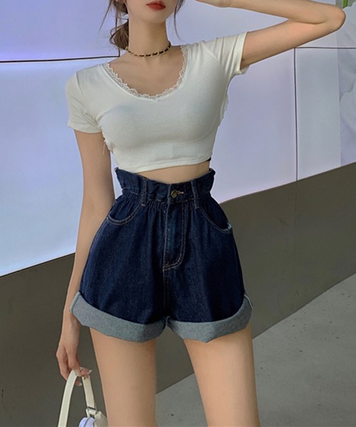 Jewelobe(ジュエローブ)の「フリルウエストデニムショートパンツ(デニムパンツ・レディース・ブルー・S/M)」の8枚目の写真