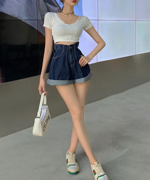 Jewelobe(ジュエローブ)の「フリルウエストデニムショートパンツ(デニムパンツ・レディース・ブルー・S/M)」の11枚目の写真