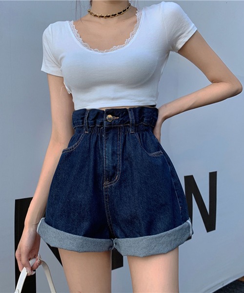 Jewelobe(ジュエローブ)の「フリルウエストデニムショートパンツ(デニムパンツ・レディース・ブルー・S/M)」の18枚目の写真