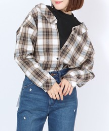Salong hameu（サロン ハミュー）の「モックネックリブニットトップス×チェックシャツ フェイクレイヤードドッキングブラウス レディース（シャツ/ブラウス）」