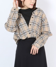 モックネックリブニットトップス×チェックシャツ フェイクレイヤードドッキングブラウス レディース