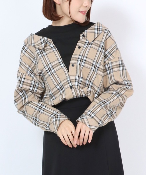 Salong hameu(サロン ハミュー)の「モックネックリブニットトップス×チェックシャツ フェイクレイヤードドッキングブラウス レディース(シャツ/ブラウス・レディース・ブラウン系その他/ベージュ系その他/ブラウン系その他2・M/L)」の13枚目の写真