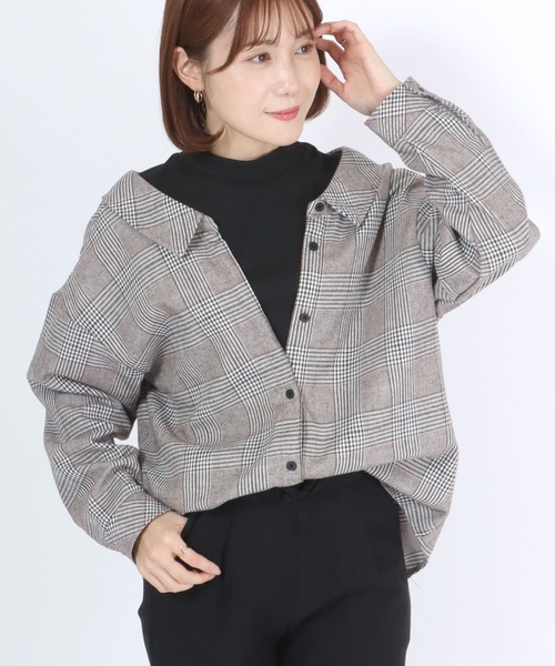 Salong hameu(サロン ハミュー)の「モックネックリブニットトップス×チェックシャツ フェイクレイヤードドッキングブラウス レディース(シャツ/ブラウス・レディース・ブラウン系その他/ベージュ系その他/ブラウン系その他2・M/L)」の14枚目の写真