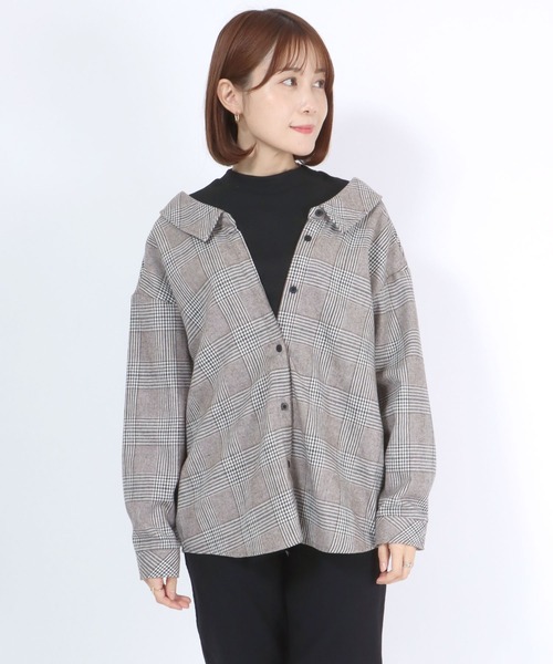 Salong hameu(サロン ハミュー)の「モックネックリブニットトップス×チェックシャツ フェイクレイヤードドッキングブラウス レディース(シャツ/ブラウス・レディース・ブラウン系その他/ベージュ系その他/ブラウン系その他2・M/L)」の9枚目の写真