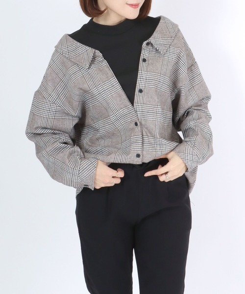 Salong hameu(サロン ハミュー)の「モックネックリブニットトップス×チェックシャツ フェイクレイヤードドッキングブラウス レディース(シャツ/ブラウス・レディース・ブラウン系その他/ベージュ系その他/ブラウン系その他2・M/L)」の15枚目の写真