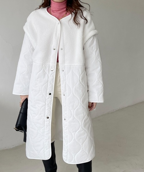 emi+（エミプラス）の「2WAY ボアキルティングノーカラーロングコート