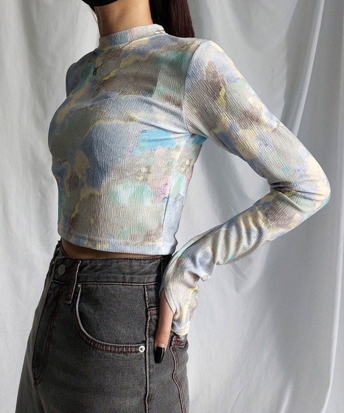 me+em select(ミームセレクト)の「ジェムストーンマーブルショートトップス / gem stone marble short tops 【 韓国製 】(Tシャツ/カットソー・レディース・ブルー/カーキ/ピンク・FREE)」の1枚目の写真