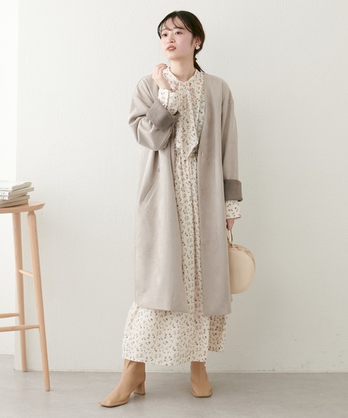 natural couture（ナチュラルクチュール）の「袖口配色お上品コート（ノーカラーコート・レディース・グレイッシュベージュ/オフホワイト/サックスブルー・FREE）」の16枚目の写真