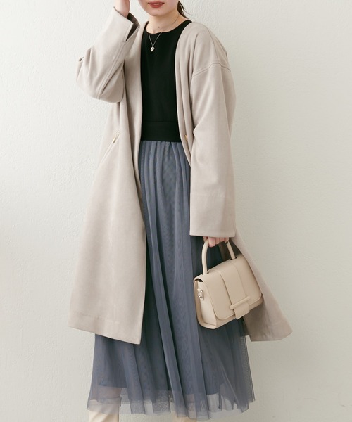 natural couture（ナチュラルクチュール）の「袖口配色お上品コート（ノーカラーコート・レディース・グレイッシュベージュ/オフホワイト/サックスブルー・FREE）」の17枚目の写真