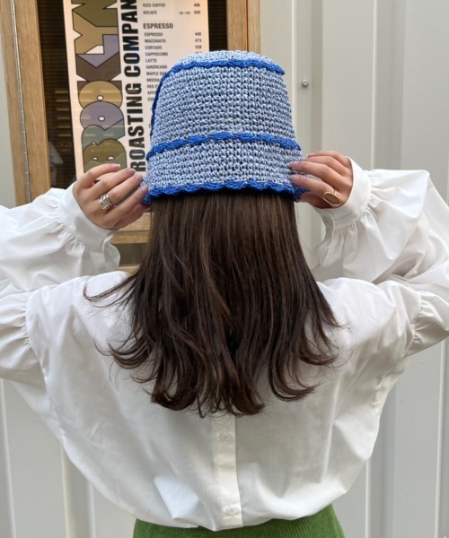 nemne store（ネンネストア）の「【nemne】配色ライン入りかぎ針バケットハット（ハット・レディース・ベージュ/アイボリー/ブルー・フリー）」の8枚目の写真
