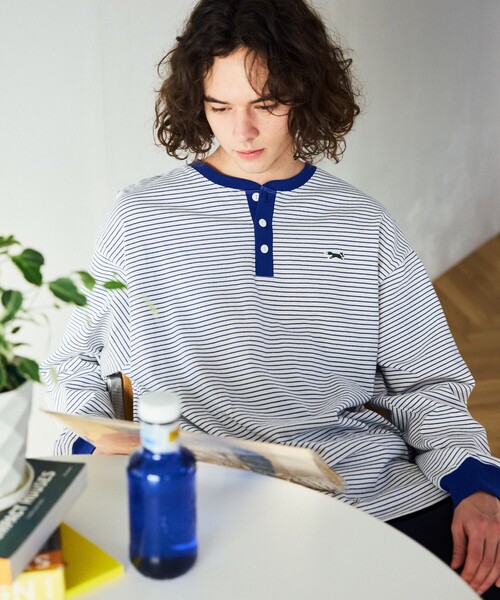 TOWNCRAFT（タウンクラフト）の「TOWN CRAFT/タウンクラフト 別注 ピンボーダーヘンリーネック ロングスリーブTシャツ/ロンT（Tシャツ/カットソー・メンズ・ブラック/ホワイト/ブルー/オリーブ・LARGE/MEDIUM）」の9枚目の写真